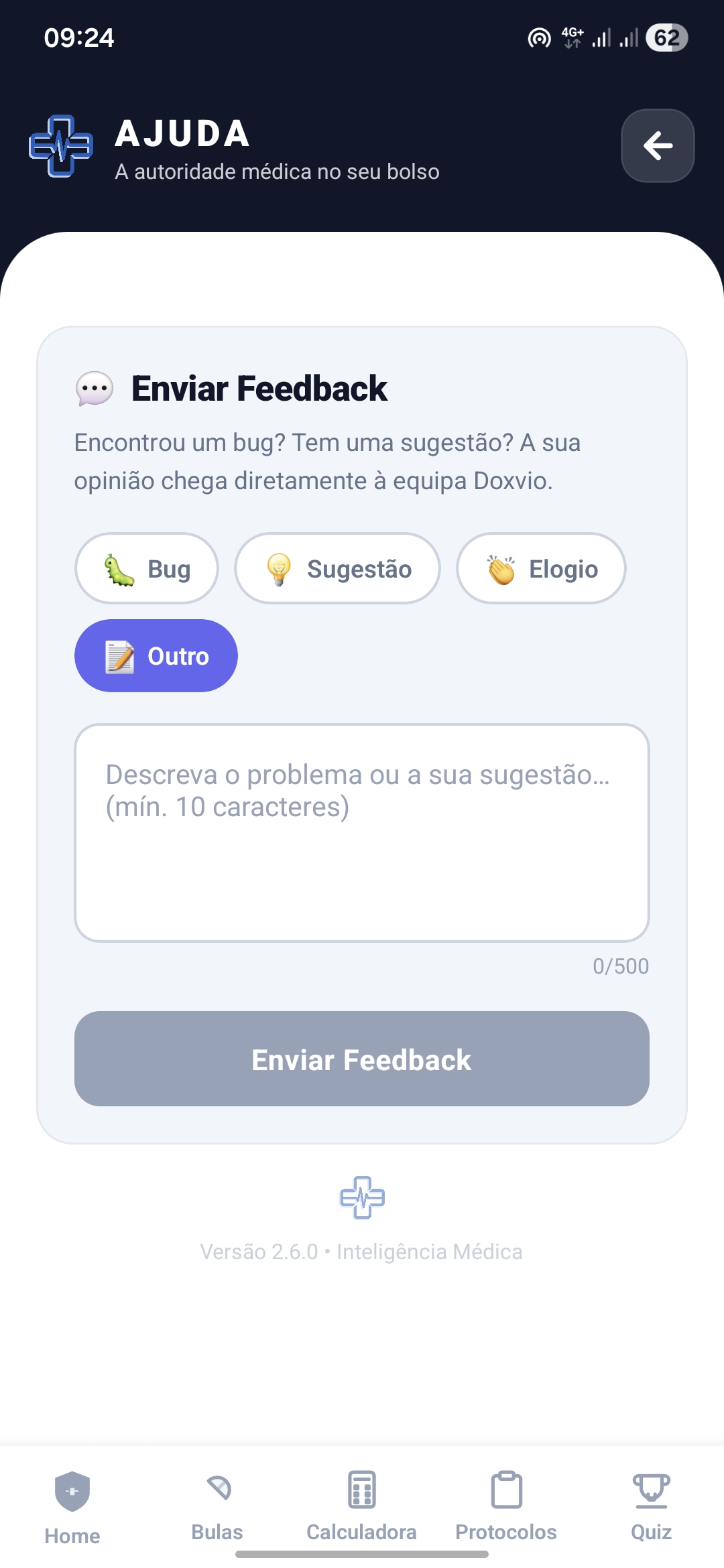 Ecrã de Ajuda e Feedback do Doxvio — enviar sugestão, bug ou elogio directamente à equipa