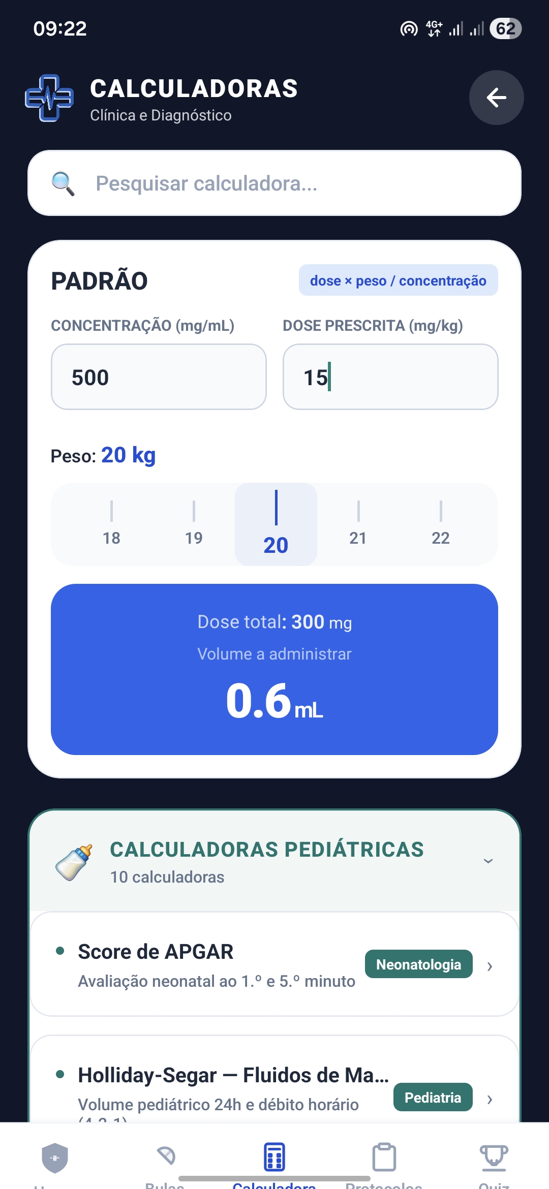 Calculadoras clínicas com dosagem pediátrica por peso, Glasgow, qSOFA e 38 ferramentas