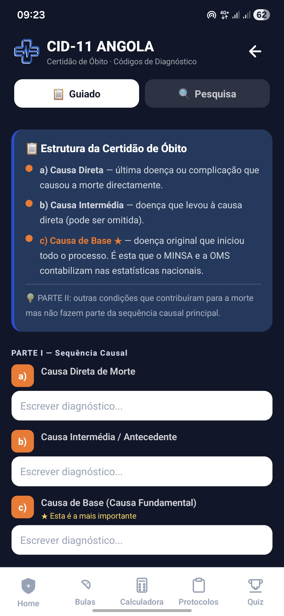 CID-11 Angola — preenchimento guiado de certidão de óbito com 301 diagnósticos e autocomplete