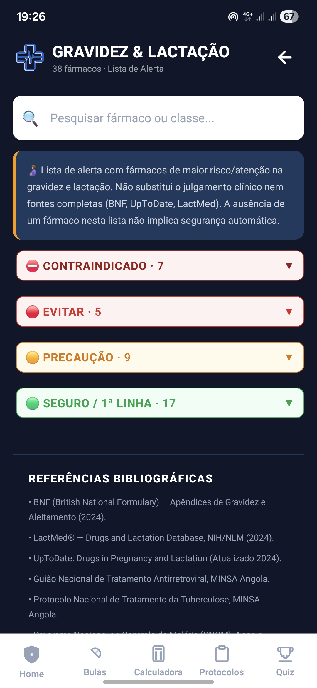 Lista de Alerta de fármacos na Gravidez e Lactação com 38 fármacos classificados em Contraindicado, Evitar, Precaução e Seguro/1ª Linha