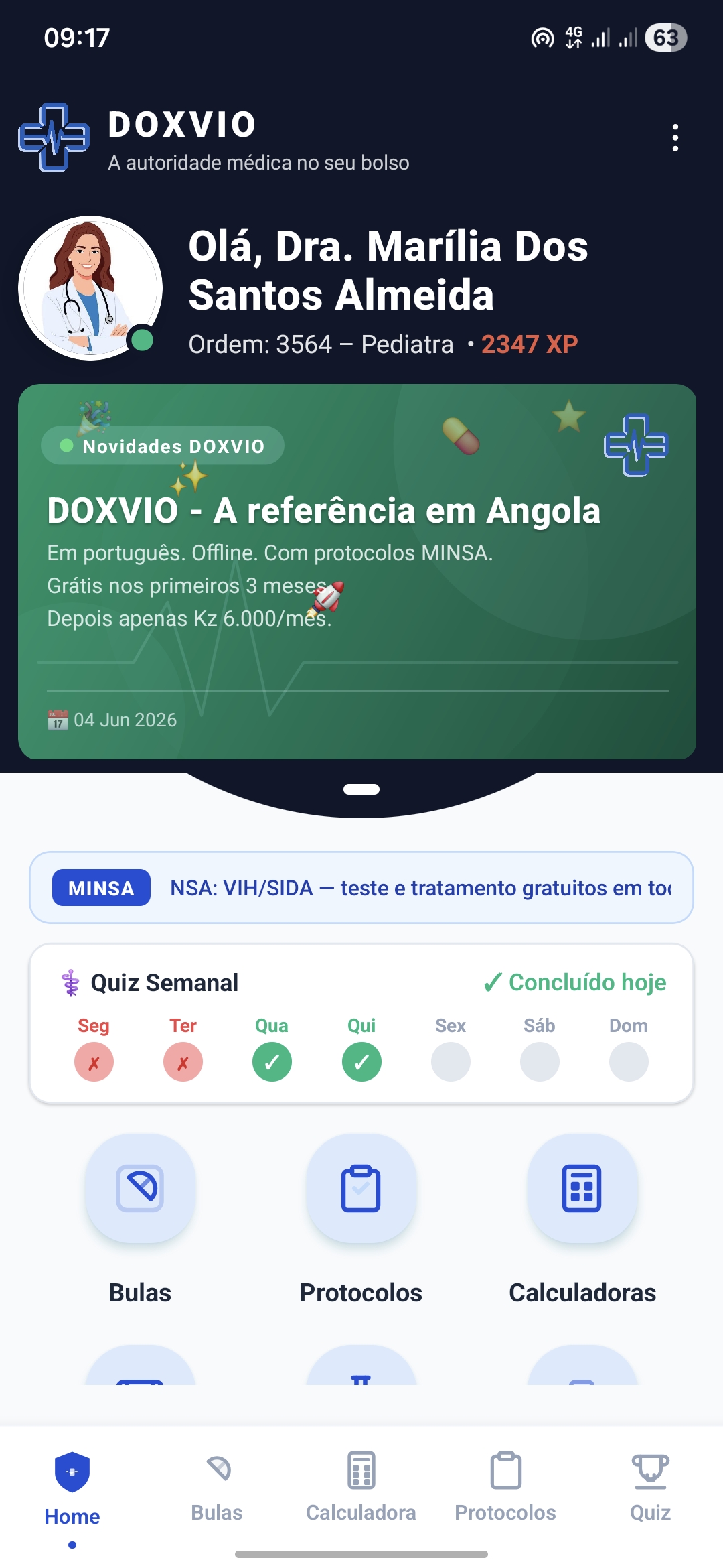 Painel principal do Doxvio com banner de oferta premium, Quiz Semanal e módulos de acesso rápido