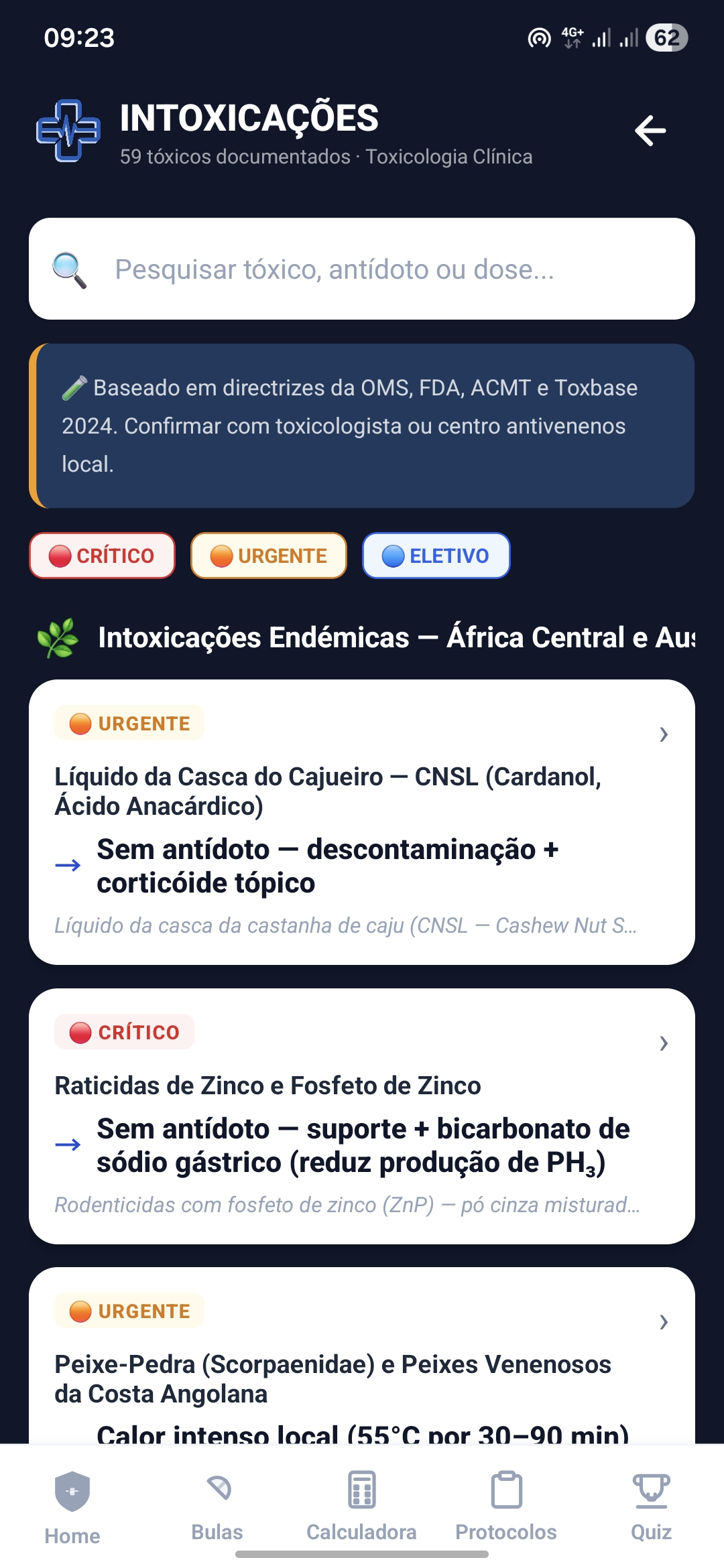 Intoxicações com 59 antídotos documentados: CRÍTICO, URGENTE, ELETIVO — foco em endémicas Angola/África