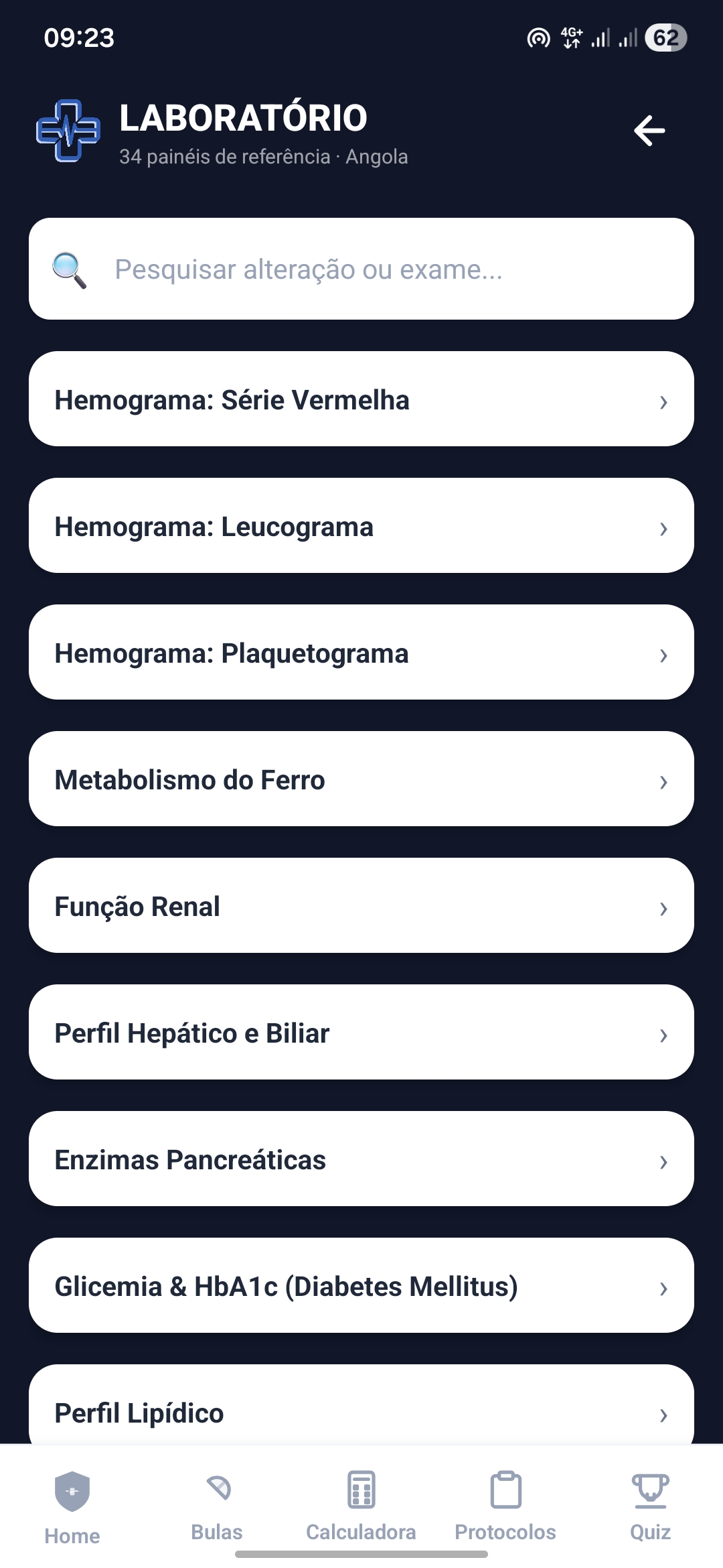 Laboratório com 34 painéis de referência: Hemograma, Função Renal, Marcadores Cardíacos, G6PD, VIH