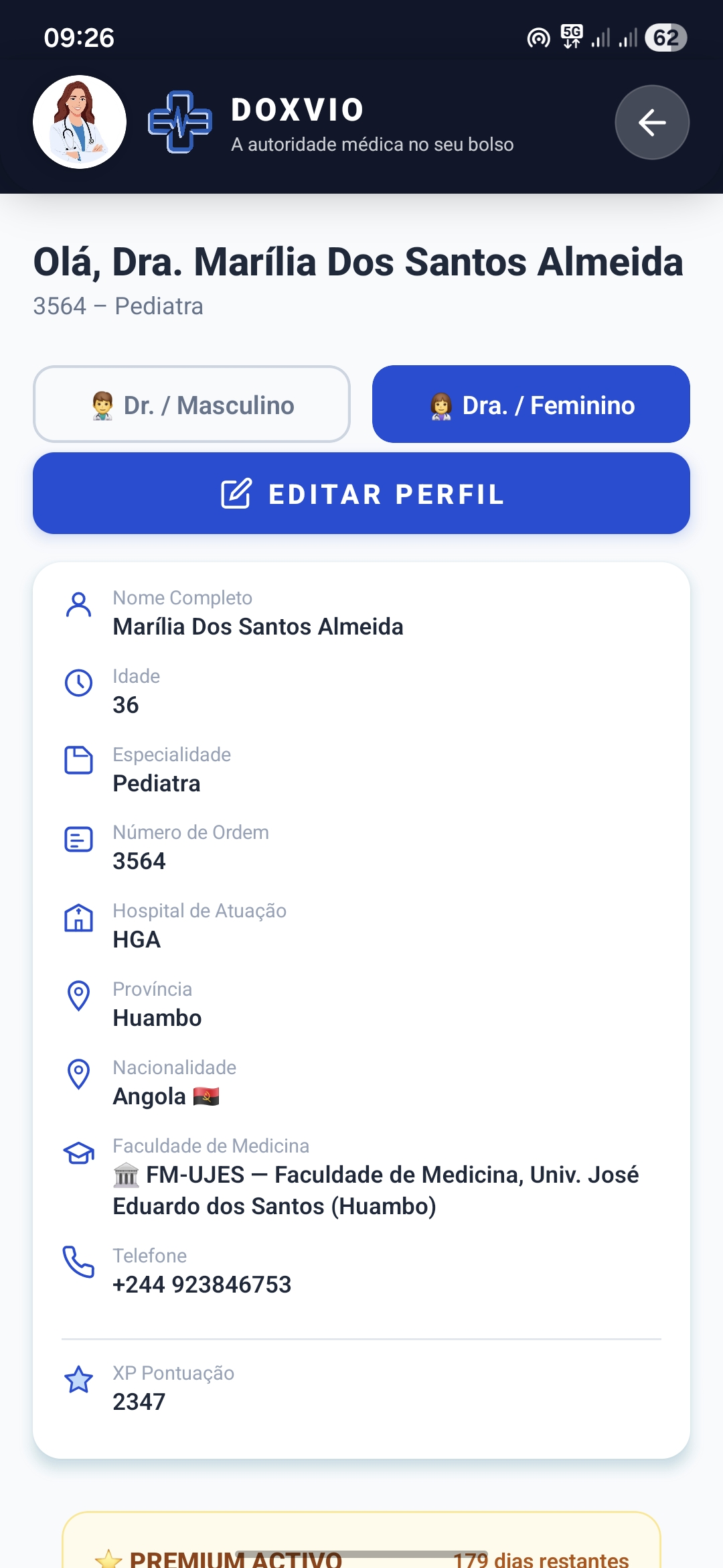 Perfil médico no Doxvio com dados profissionais, faculdade Angola, plano Premium activo